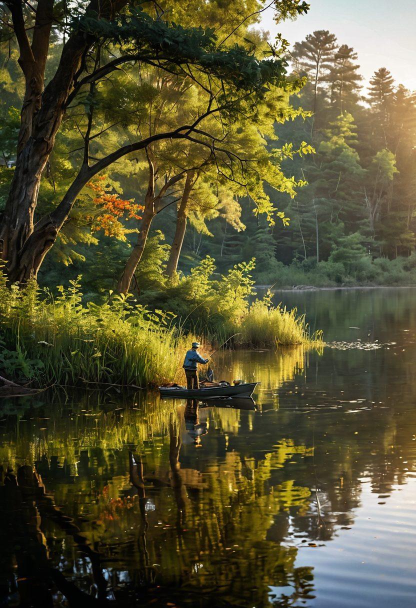 A serene lakeside scene at dawn, showcasing a fisherman casting a line into the water with colorful flies and various budget-friendly fishing gear scattered nearby. Lush greenery surrounds the area, while soft golden light filters through the trees, creating a peaceful atmosphere. Capture the excitement and tranquility of outdoor fishing adventures. super-realistic. vibrant colors. warm tones.