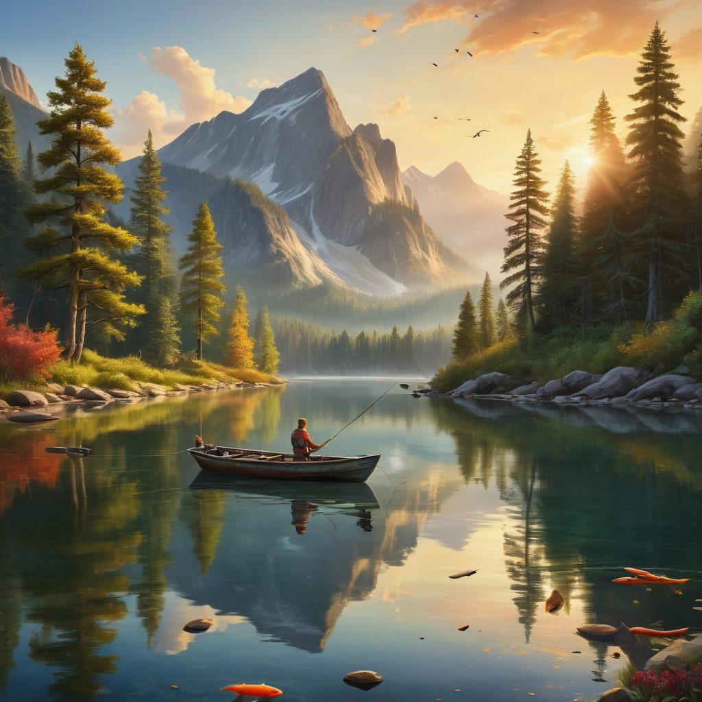 A serene fishing scene at dawn, featuring a diverse group of friends joyfully casting their lines from a small, rustic boat on a calm lake. Lush trees and mountains surround the water, with a splash of vibrant fish jumping nearby to capture the essence of adventure. Illustrate budget-friendly gear and tackle scattered optimally around the boat. The atmosphere is warm and inviting, suggesting the fun of fishing without breaking the bank. super-realistic. vibrant colors. peaceful landscape.
