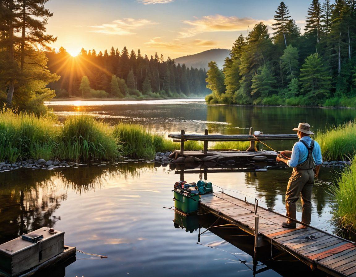 A serene river scene surrounded by lush greenery, featuring an array of affordable fly fishing equipment laid out on a wooden dock. A person is thoughtfully selecting items while a few colorful fish jump in the water. The sun is setting, casting a warm glow over the landscape, evoking a sense of tranquility and resourcefulness. Illustrate this with vibrant colors and a natural, peaceful atmosphere. super-realistic. vibrant colors. natural background.